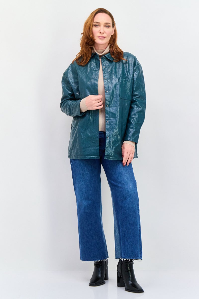 4th & Reckless قميص نسائي بأكمام طويلة وياقة منتشرة، تركواز داكن - Image 4